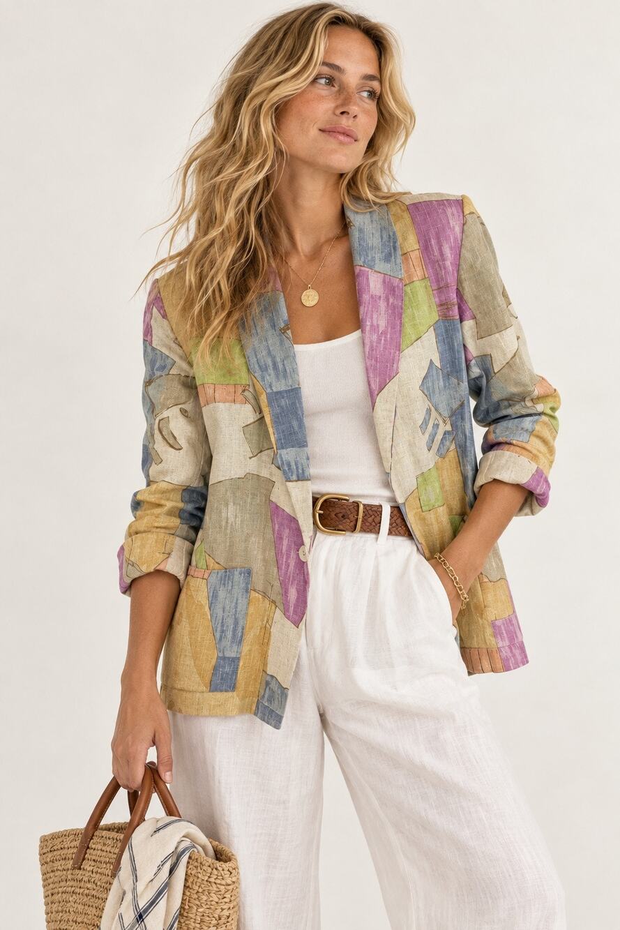 Vintage Kensington Linen Blazer Size M Artsy Abstract Coastal Grandma Boho